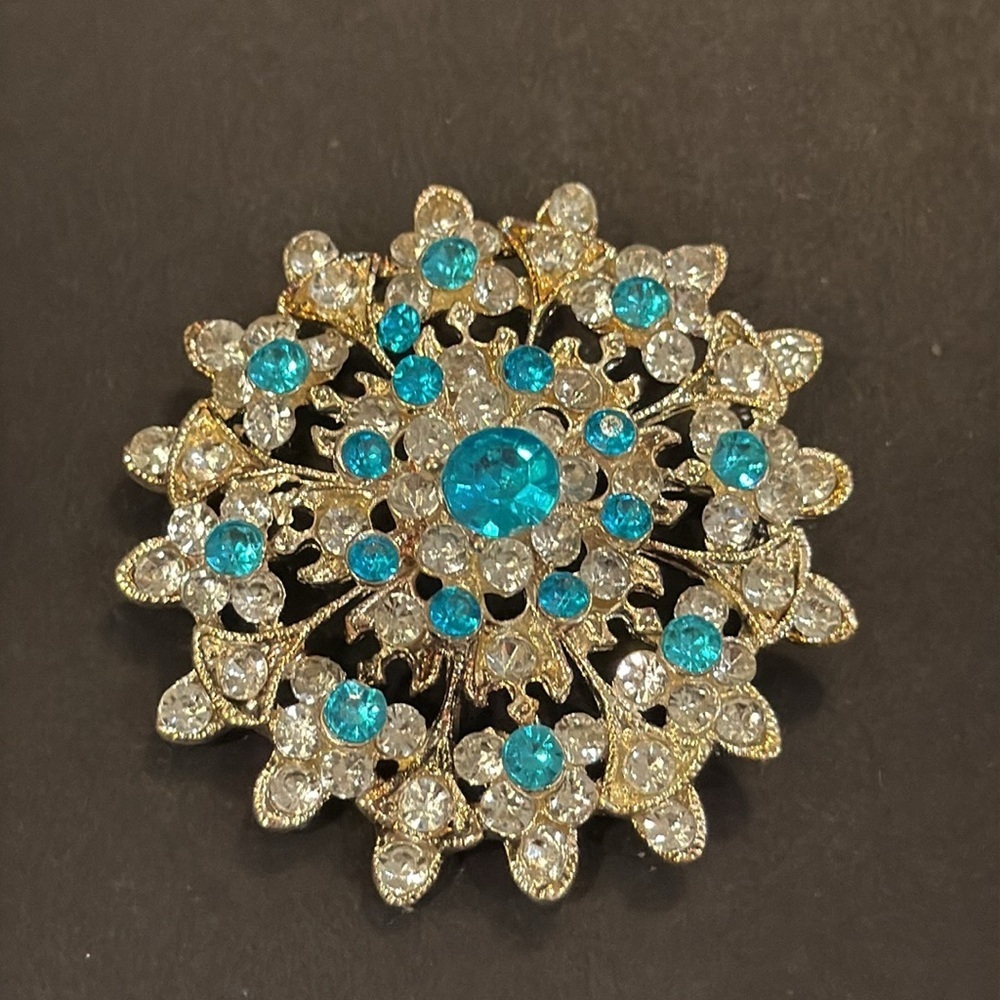 Ornate Silver and Blue Floral Rhinestone Brooch